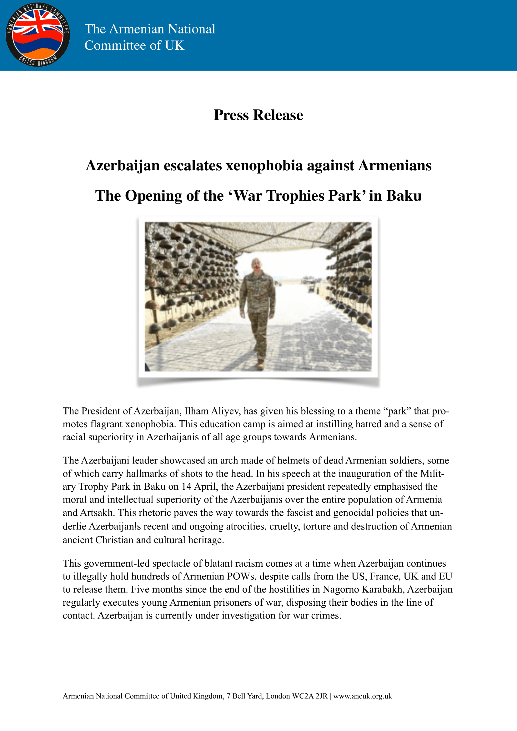 Press Statement on Azerbaijan's new 'War Trophies Park' - Armenian National  Committee of United Kingdom