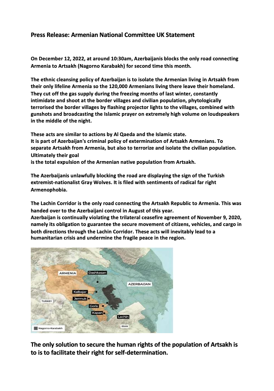 ANC UK Press Release on Azerbaijan's Blockade of Artsakh - Armenian  National Committee of United Kingdom